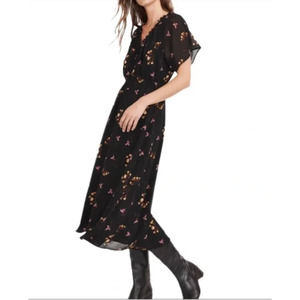 Madewell Dress Womens XXS Black Georgette V Neck Midi Fresia Floral MC331